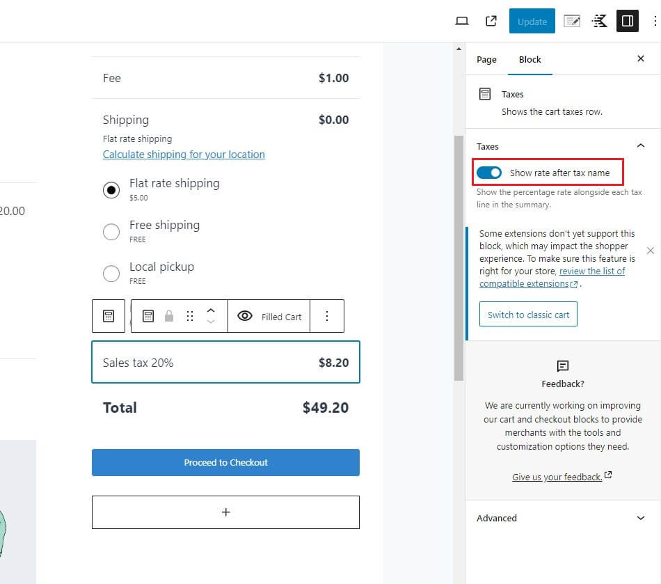 editing cart block check box for showing % rate of tax in cart of woocommerce