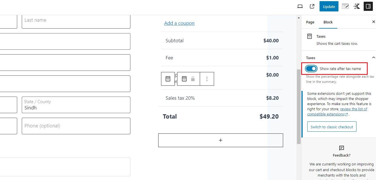 editing checkout block check box for showing % rate of tax in checkout of woocommerce