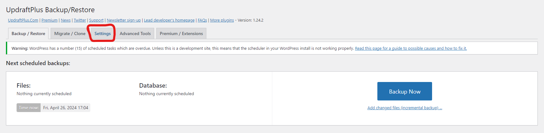 how to backup wordpress site with pluginupdraftplus setting tab 1 Select settings tab in WordPress backup plugin