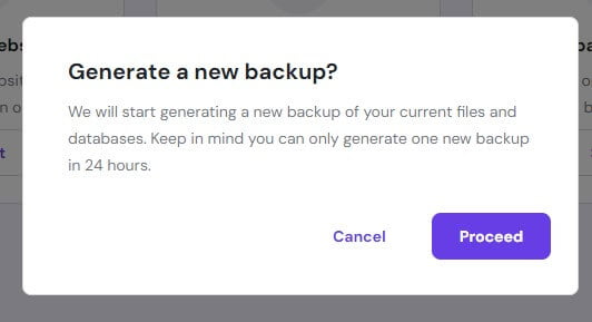 dialog box for proceed to generate backup by hostinger Confirmation box for backup by hostinger