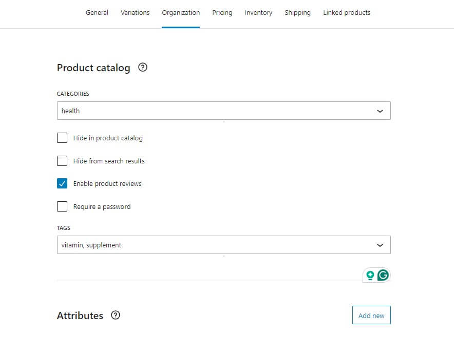 organization in product form selecting categories, tags, visibility and attributes in product form