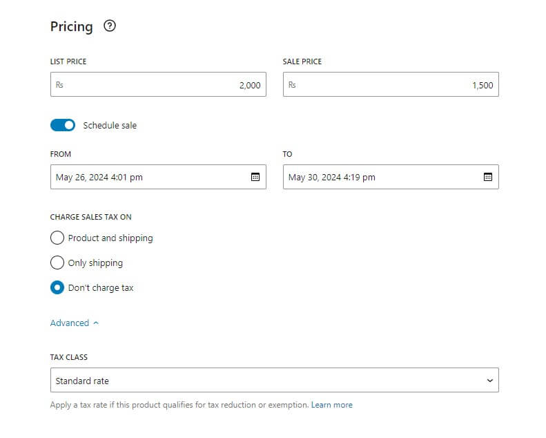 pricing in product form pricing section in product form of woocommerce