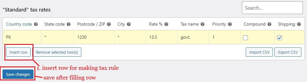 setting standard tax rates configuring standard tax rules