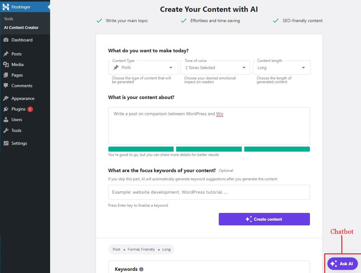Hostinger Ai Ai plugin in wordpress