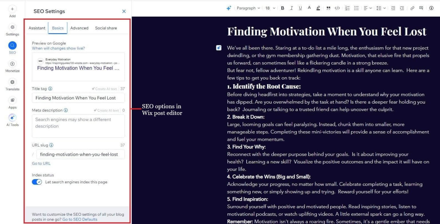 SEO suggestions in wix post editor SEO options available in wix post editor
