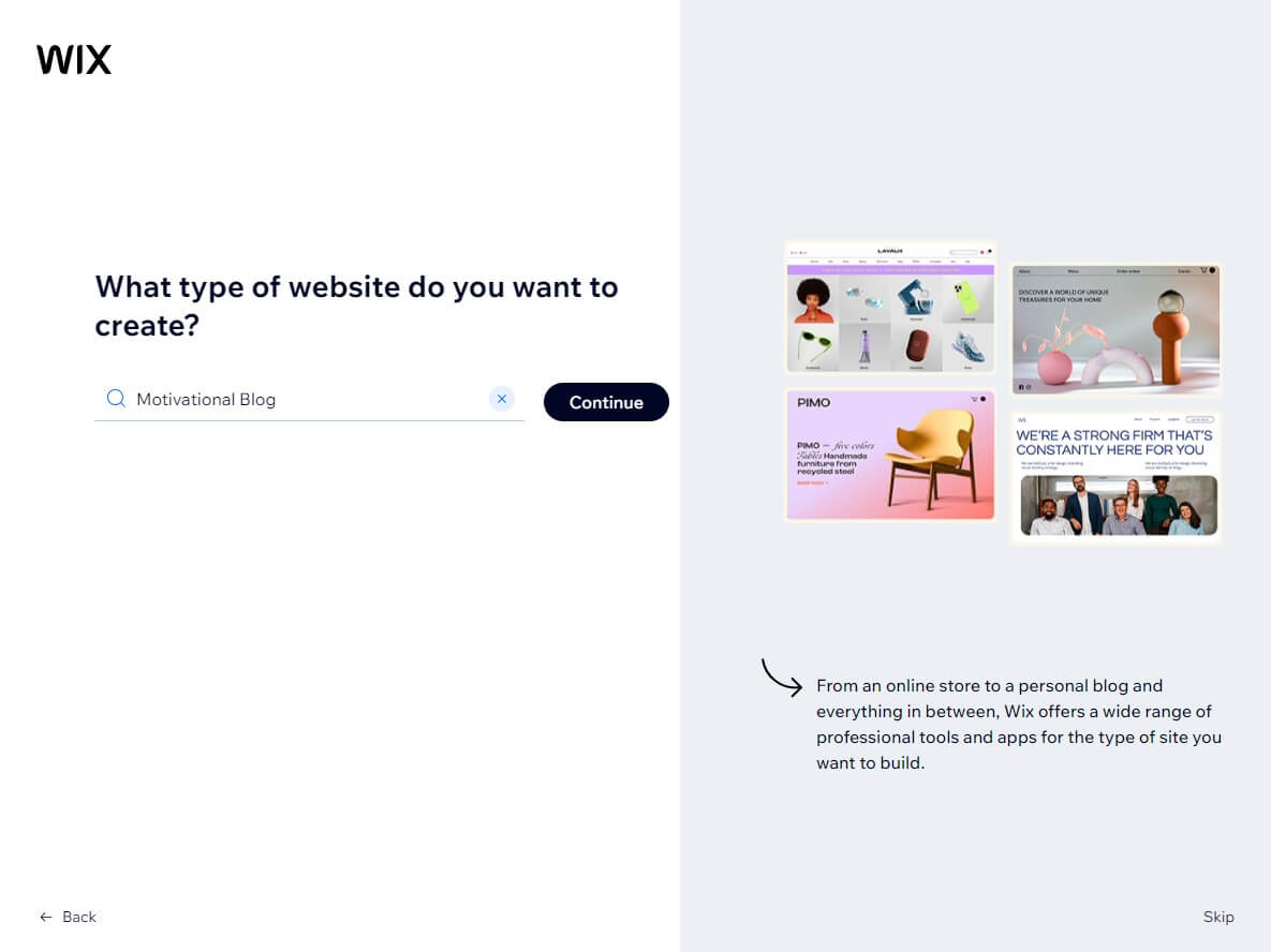 type of website in choosing website type in wix