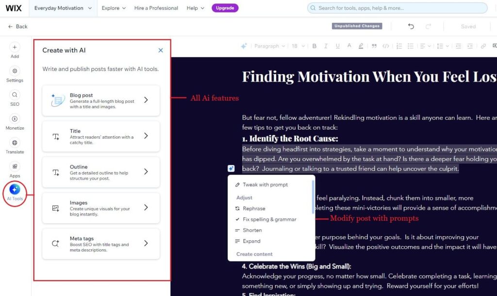 wix ai features in post editor Ai features in wix post editor