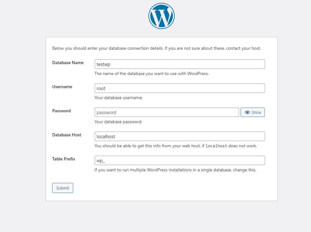 Filling info in wp installation info of wp database