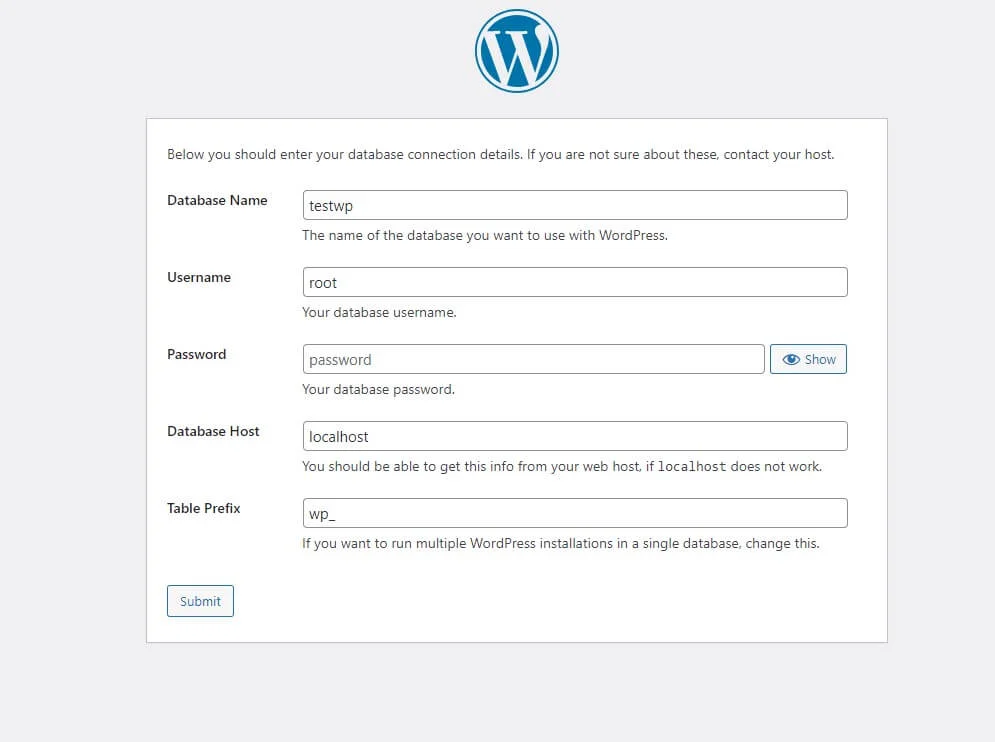 Filling info in wp installation info of wp database