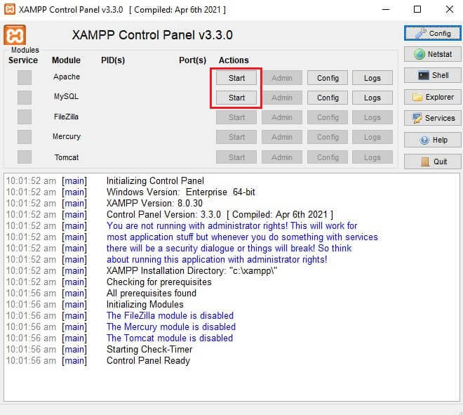 Starting modules in XAMPP for local host starting Apache and MYSQL modules in XAMPP
