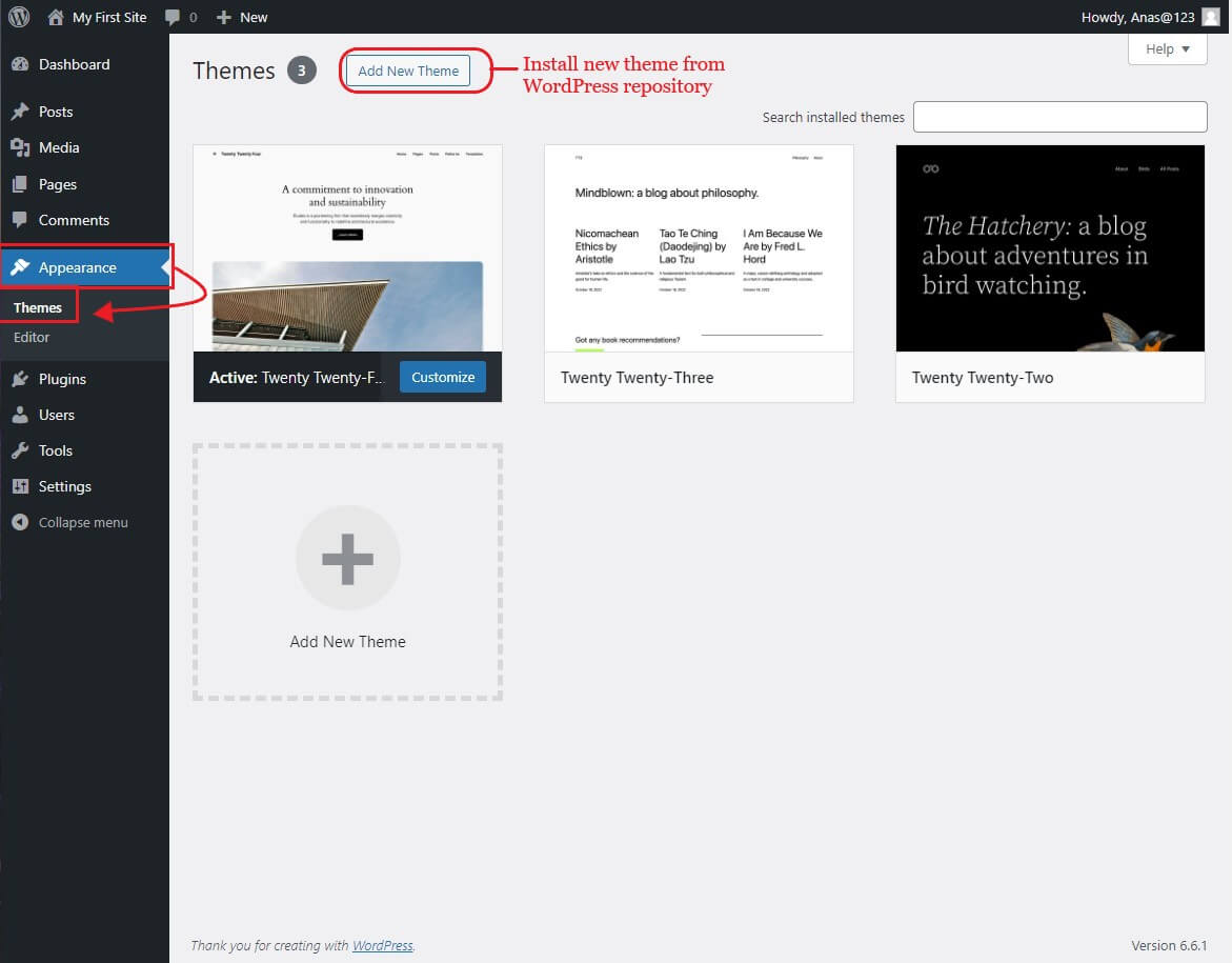 Themes in wordpress dashboard Themes in wordpress site created on a localhost