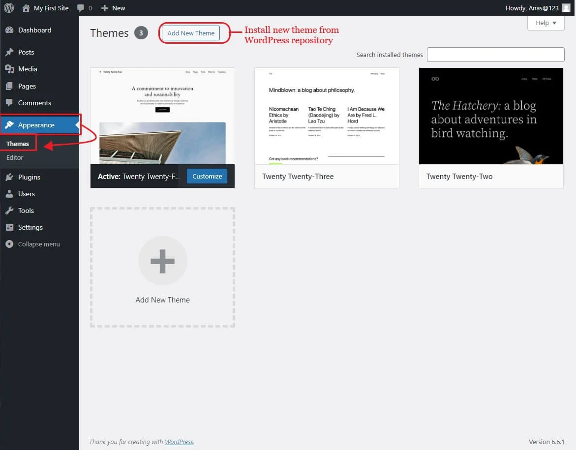Themes in wordpress dashboard Themes in wordpress site created on a localhost