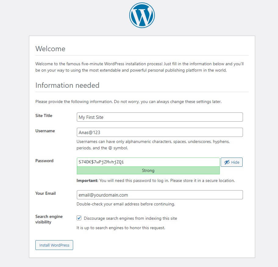 installation process of wordpress on localhost filling site details in the installation process of wordpress on localhost