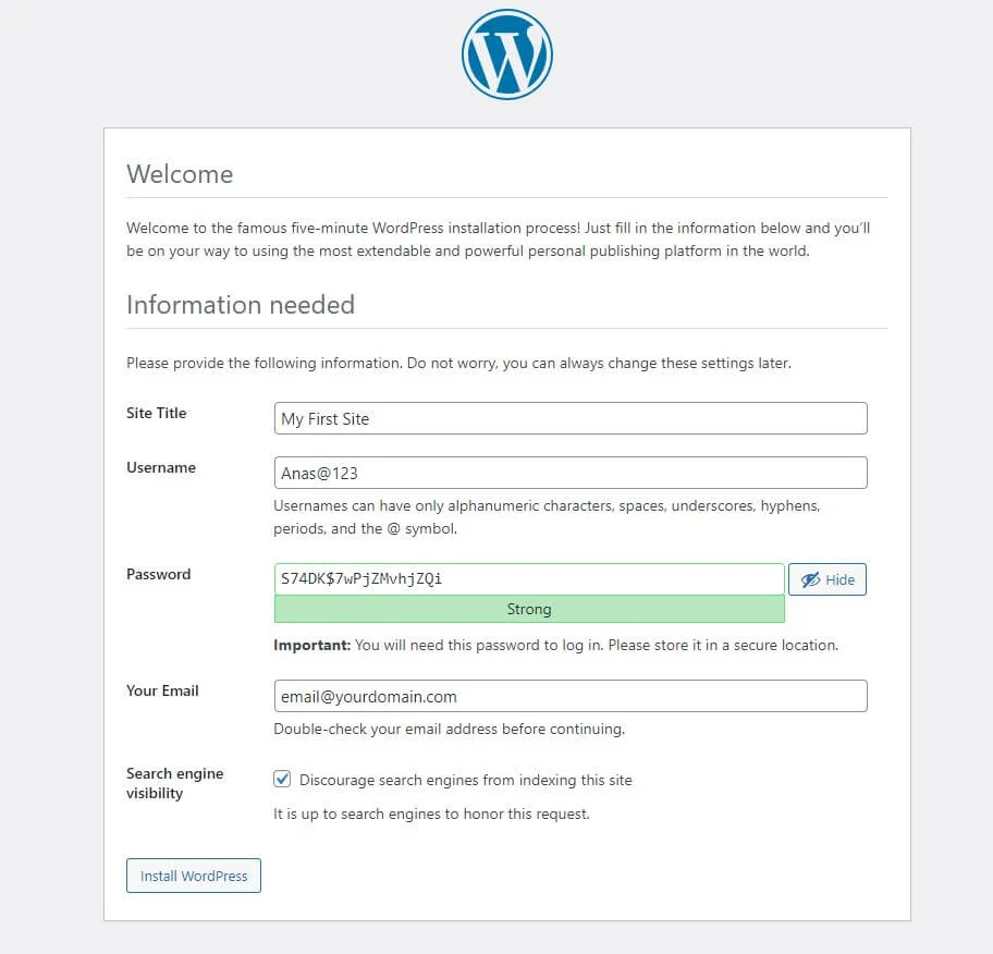 installation process of wordpress on localhost filling site details in the installation process of wordpress on localhost