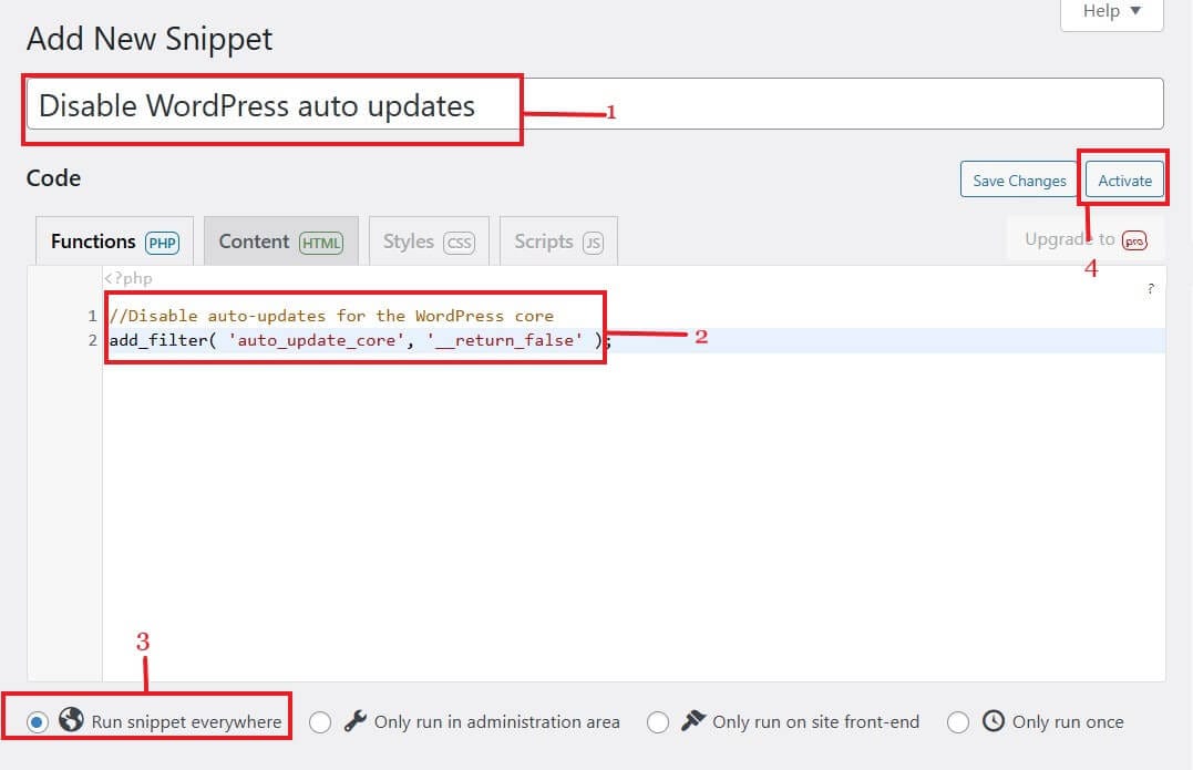 disable wp auto update with code snippet disable auto updates with code snippet plugin