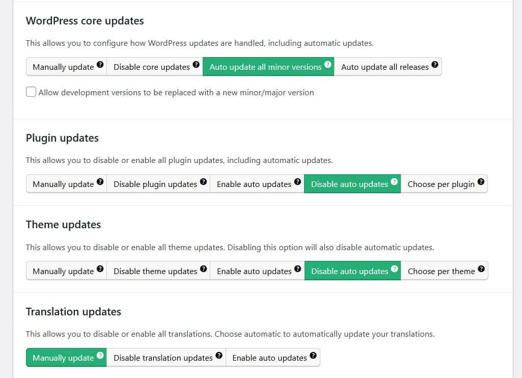 updates configuration in easy updates manager settings in easy updates manager plugin for wordpress auto updates