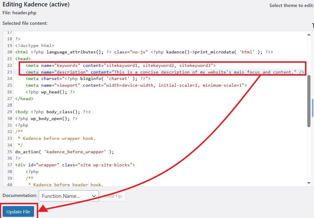 adding keywords and meta description to wordpress without plugins add meta description by code via header.php