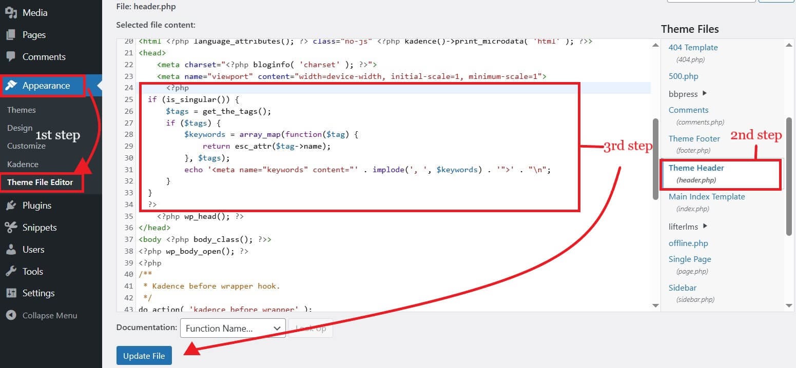 adding keywords to wordpress via header php add meta description by code to wordpress dynamically