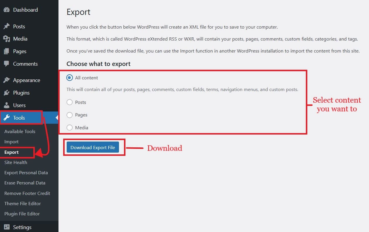 exporting all content from wordpress to unpublish site exporting content from wp site for archiving contentt