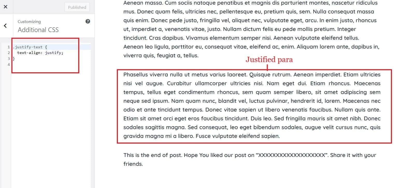 justify text of paragrapgh by additional css put css in additional css to justify text