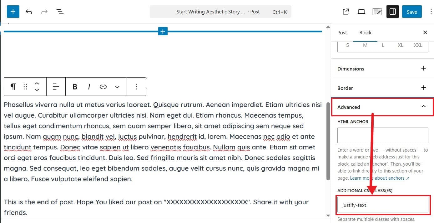 justify text of paragrapgh in block editor justify text of paragraph by additional css