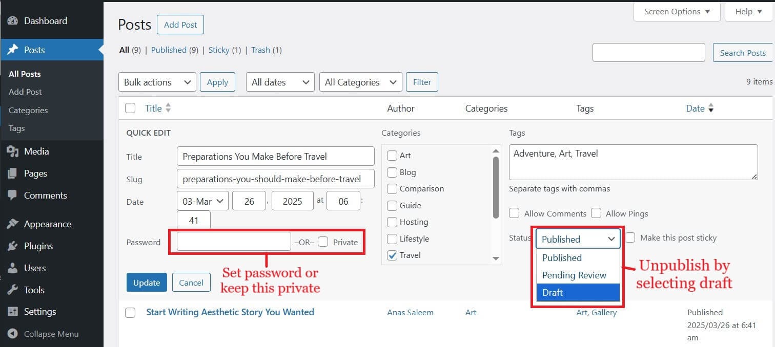 unpublishing individual wordpress post or pages by wordpress admin menu unpublishing post/pages by using wordpress admin menu