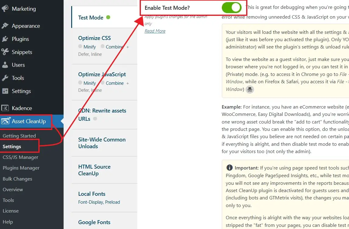 enabling test mode in asset cleanup enabling test mode in asset mode in asset cleanup plugin