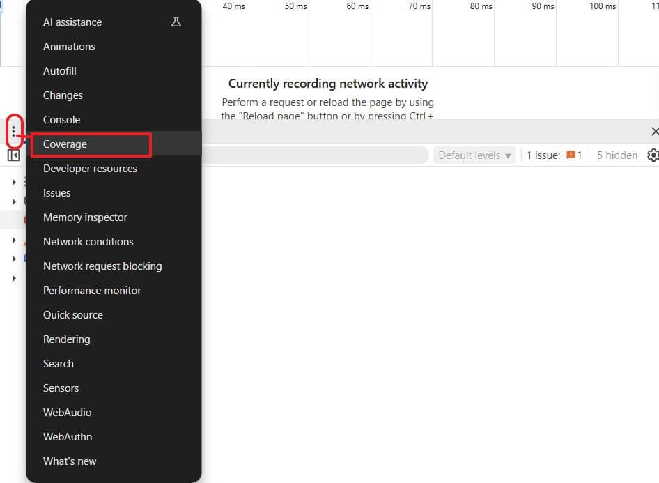 opening coverage tool in devtools openig coverge tol from devtools in chrome
