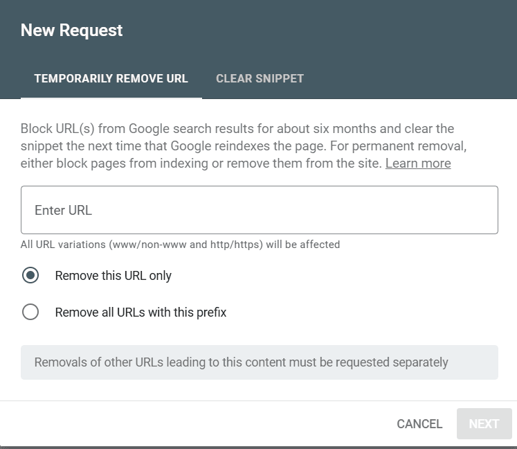 removing url from gsc using removal tool enter url to remove from google