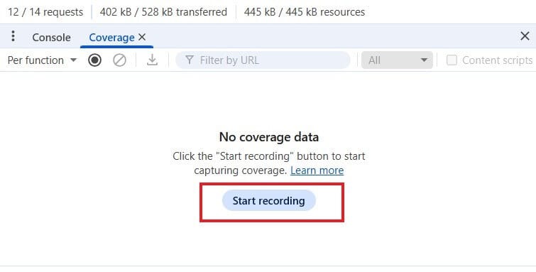 start recording in coverage start recording website CSS in coverage tool